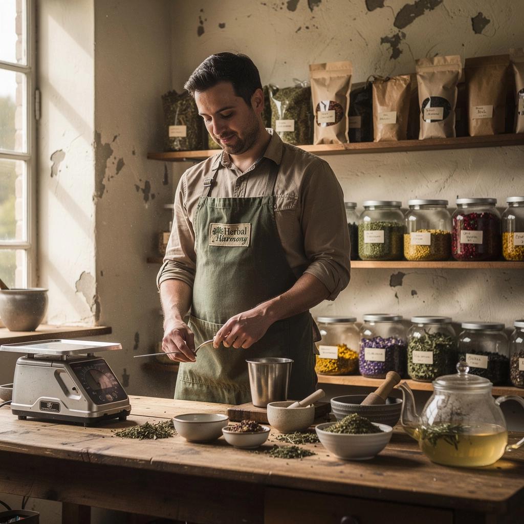 Šálka bylinkového čaju s čerstvými bylinkami na drevenom stole.